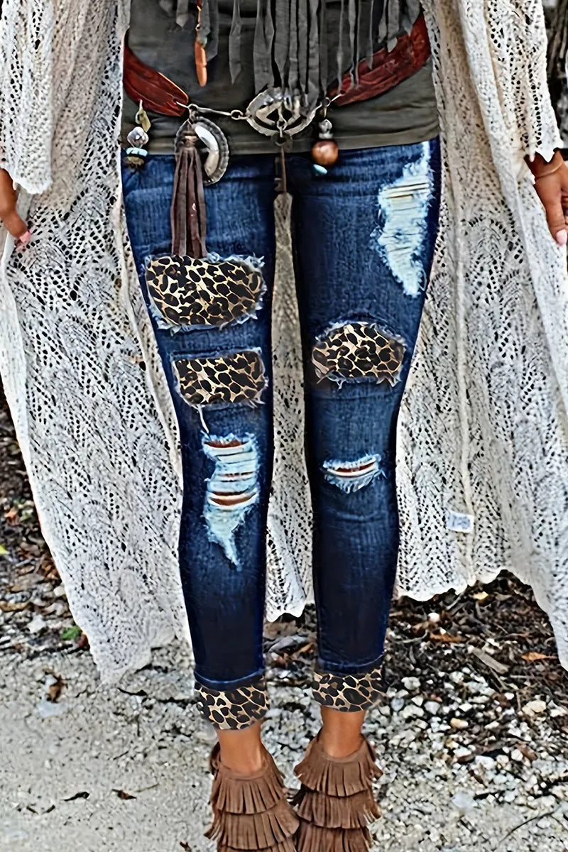 Women's Distressed Raw Hem Leopard Patch Cuffed Jeans