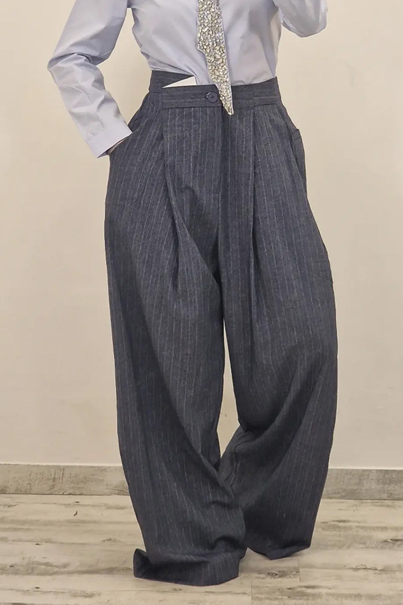 Women's Fashion Rhinestone Neckline Shirt with Belt or Stripe Suit Pants
