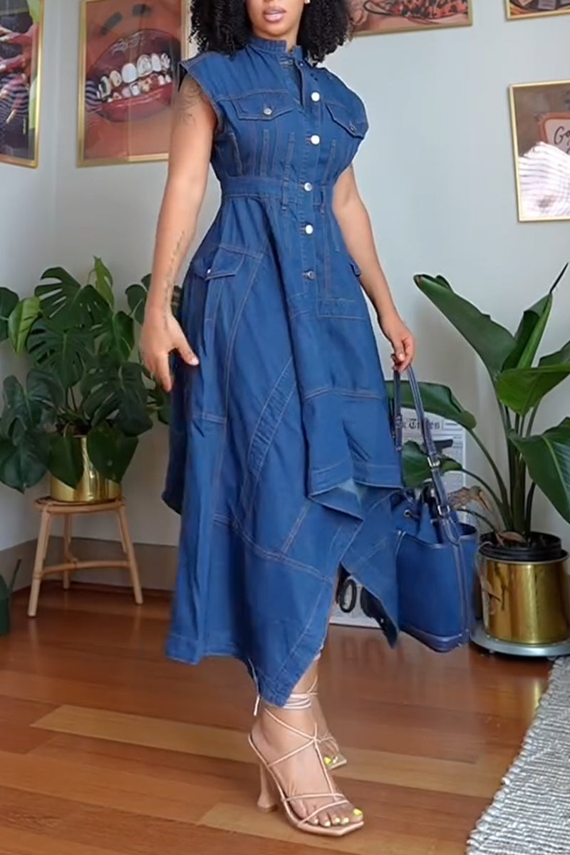 Women's Round Neck Buckle Patchwork Irregular Elegant Casual Denim Dress