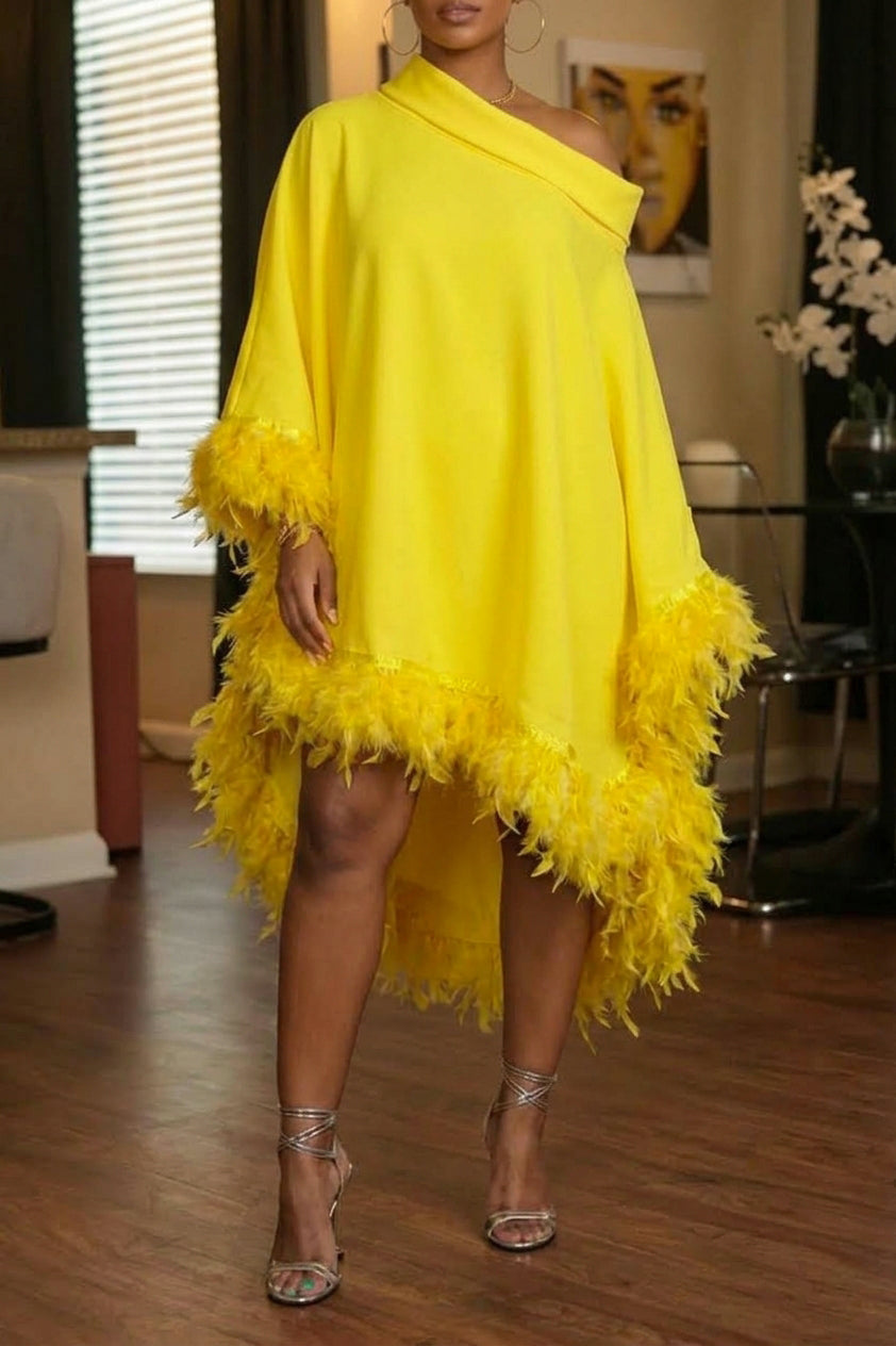 Women's Fashion Asymmetric Neckline Batwing Feather Hem Midi Dress
