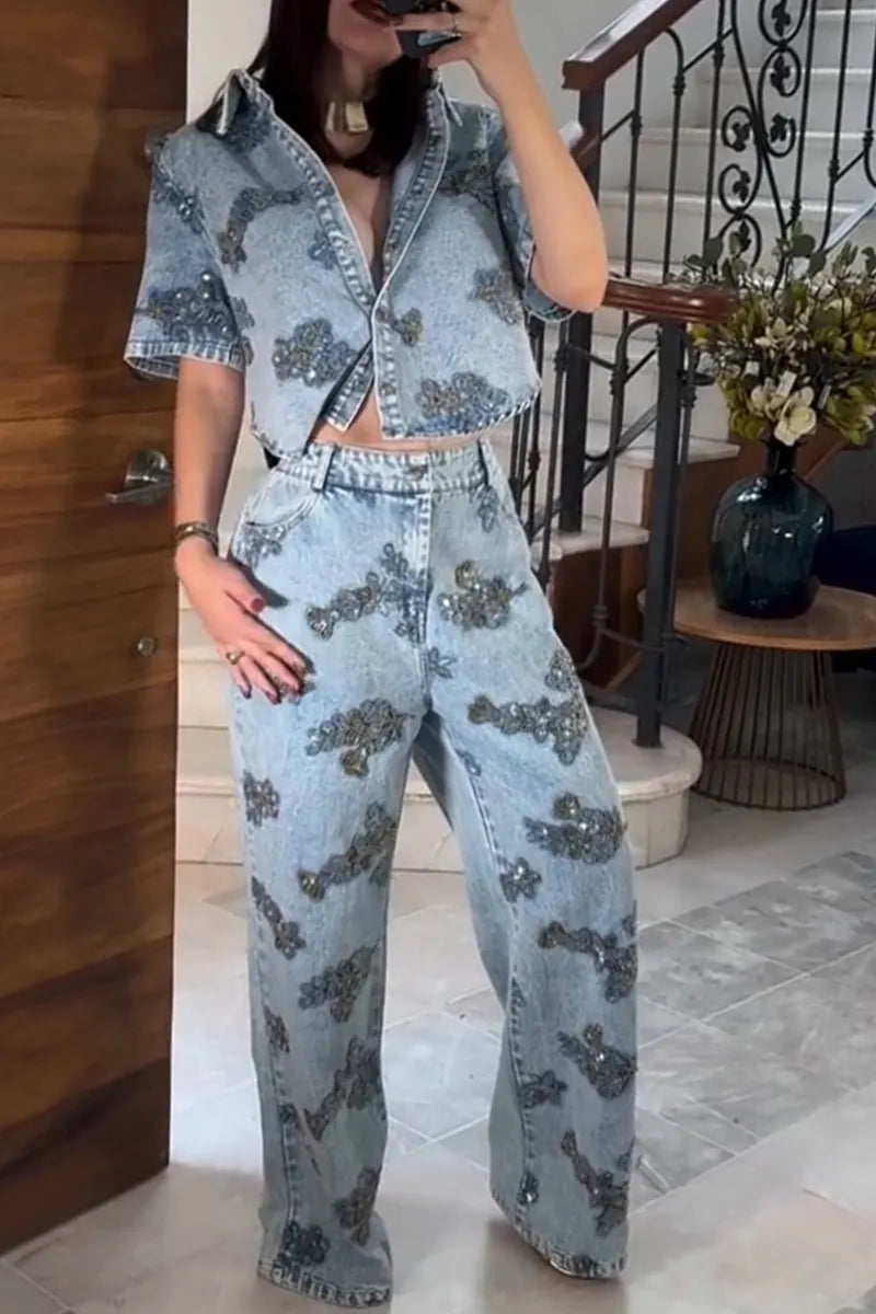 Women's Fashion Rhinestone Beads Loose Denim Top or Wide Leg Jeans