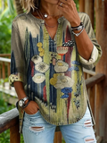 Women's Casual V-neck Washed Cotton Denim Shirt With Abstract Floral Art Print