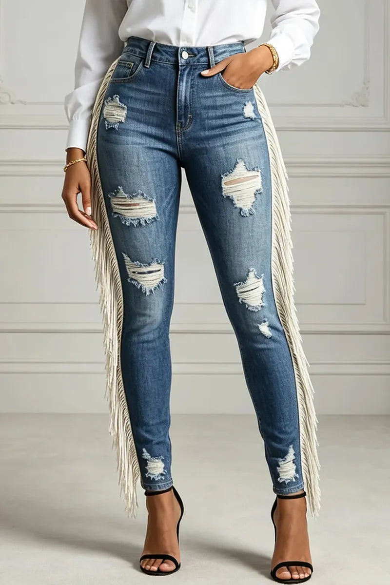 Women's Fashion Washed Distressed Side Fringe Skinny Jeans