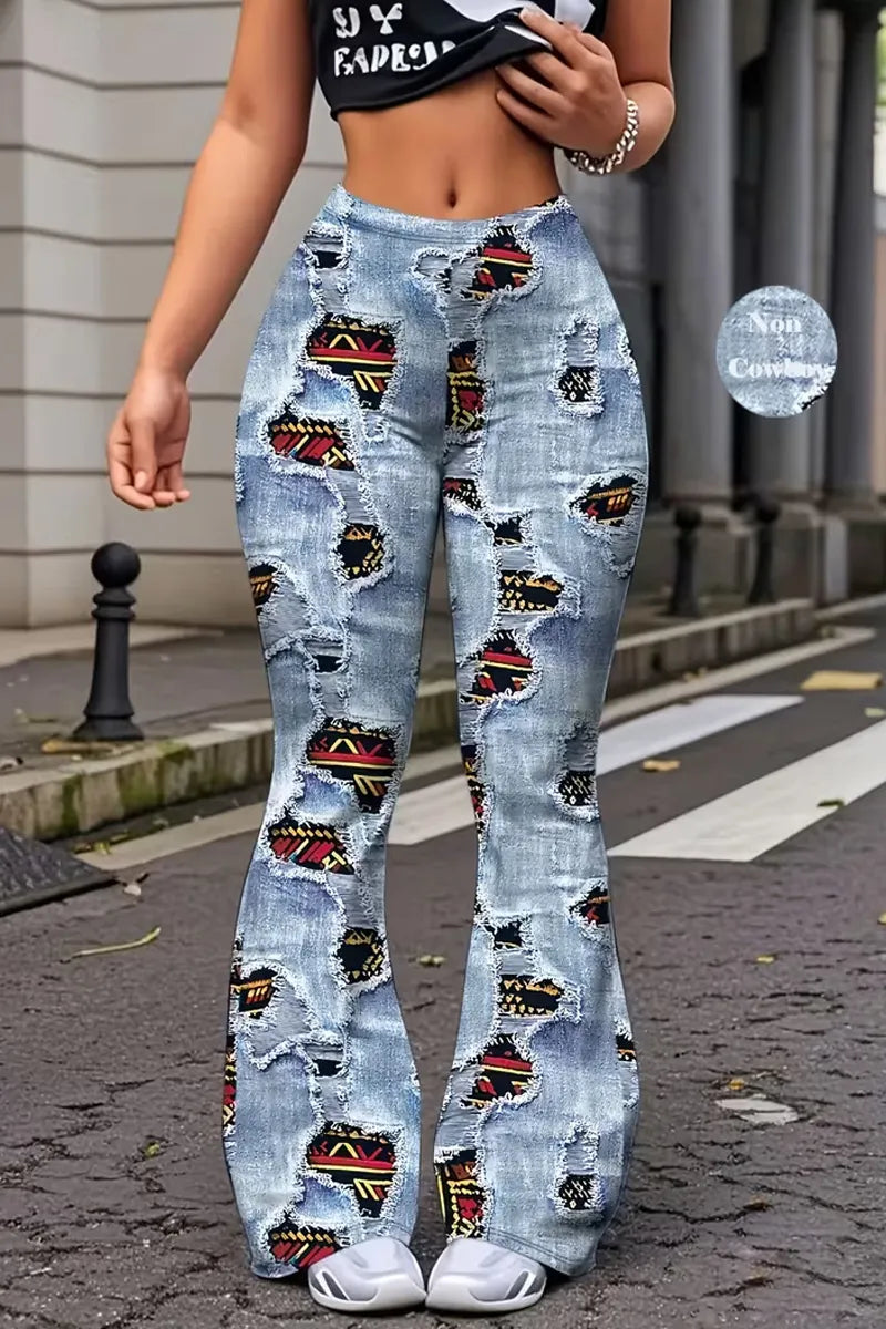 Women's  Streetwear Aztec Patchwork Print Distressed Flare Denim Trousers