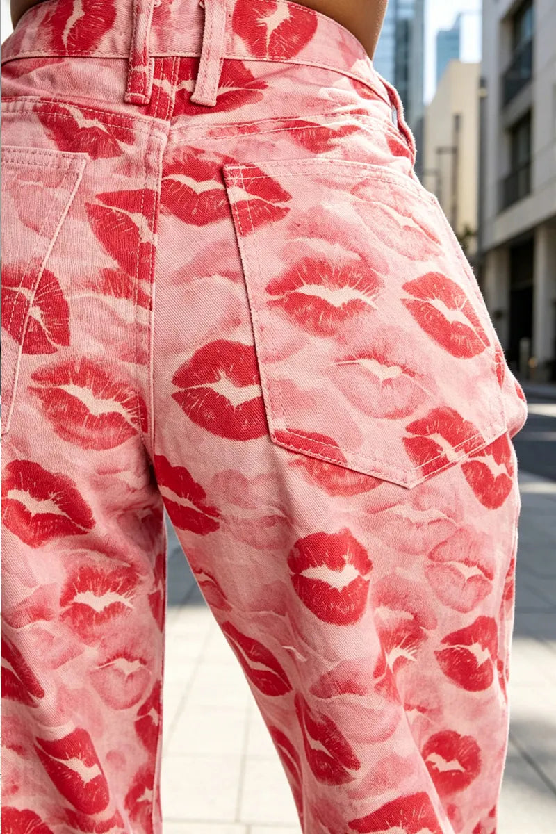 Women's Lip Print Casual Wide Leg Jeans