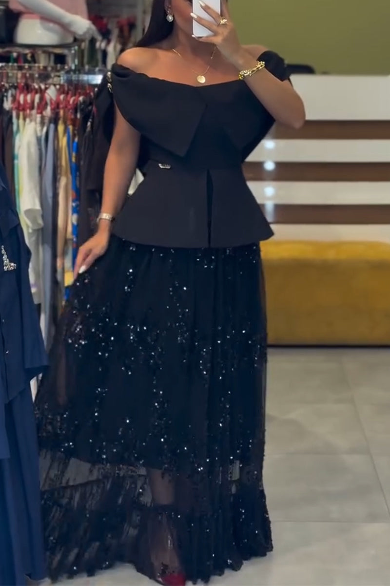 Women's Off Shoulder Waist Patchwork Top or Sequin Patchwork Elegant Half Skirt