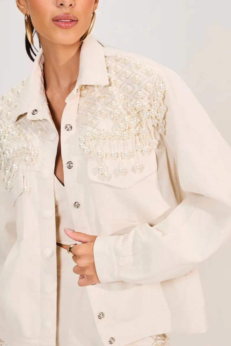 Women Elegant Pearl Tassel Embellished Denim Button Down Jacket Or Raw Frayed Hem Shorts