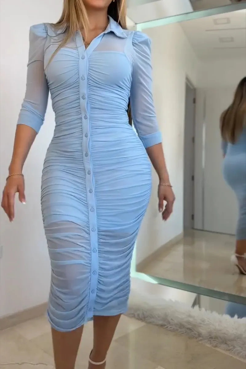 Women's Elegant Pleated Mesh Stretch Dress