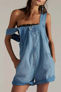 Women's Light Wash Square Neck Adjustable Strap Rolled Cuff Loose Fit Denim Short Overalls Bib Jumpsuit