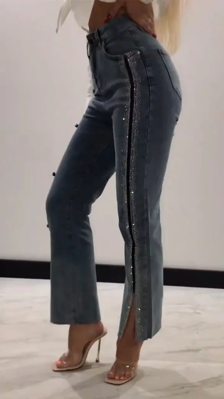 Women's Jeans with Rhinestone Slits and Buttons