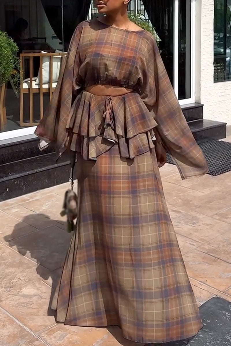 Women's Round Neck Plaid Top+ Patchwork Skirt Elegant Casual Set