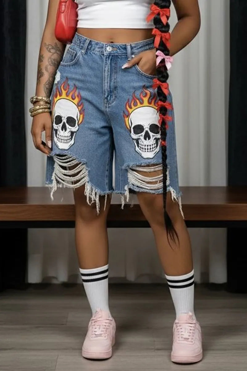 Women's High Waist Distressed Skull Graphic Frayed Wide Leg Jort Shorts
