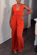 Women's Deep V-neck Solid Color Sleeveless Patchwork Casual Jumpsuit