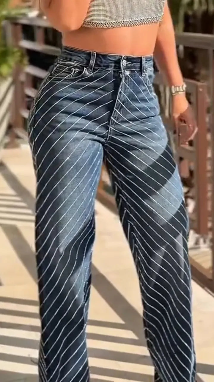 Women Hot Stamping Rhinestone Striped Casual Jeans