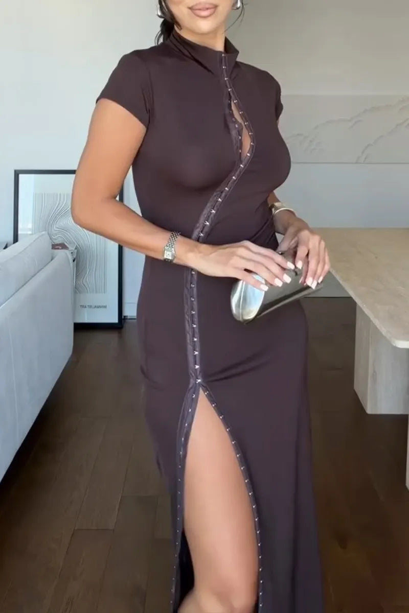 Women's Fashion Button Design Stand Collar Slit Hem Maxi Dress