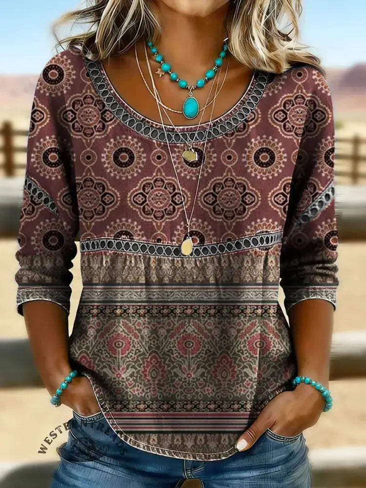 Women's Vintage Print Casual Short Sleeves Denim Shirt