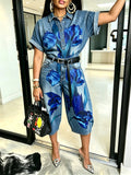 Stylish Casual Floral-print Denim Shirt And Jeans Two-piece Set