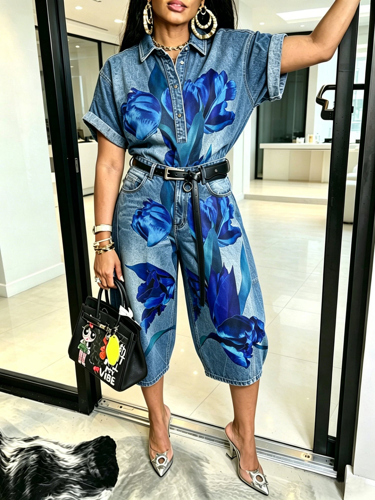 Stylish Casual Floral-print Denim Shirt And Jeans Two-piece Set