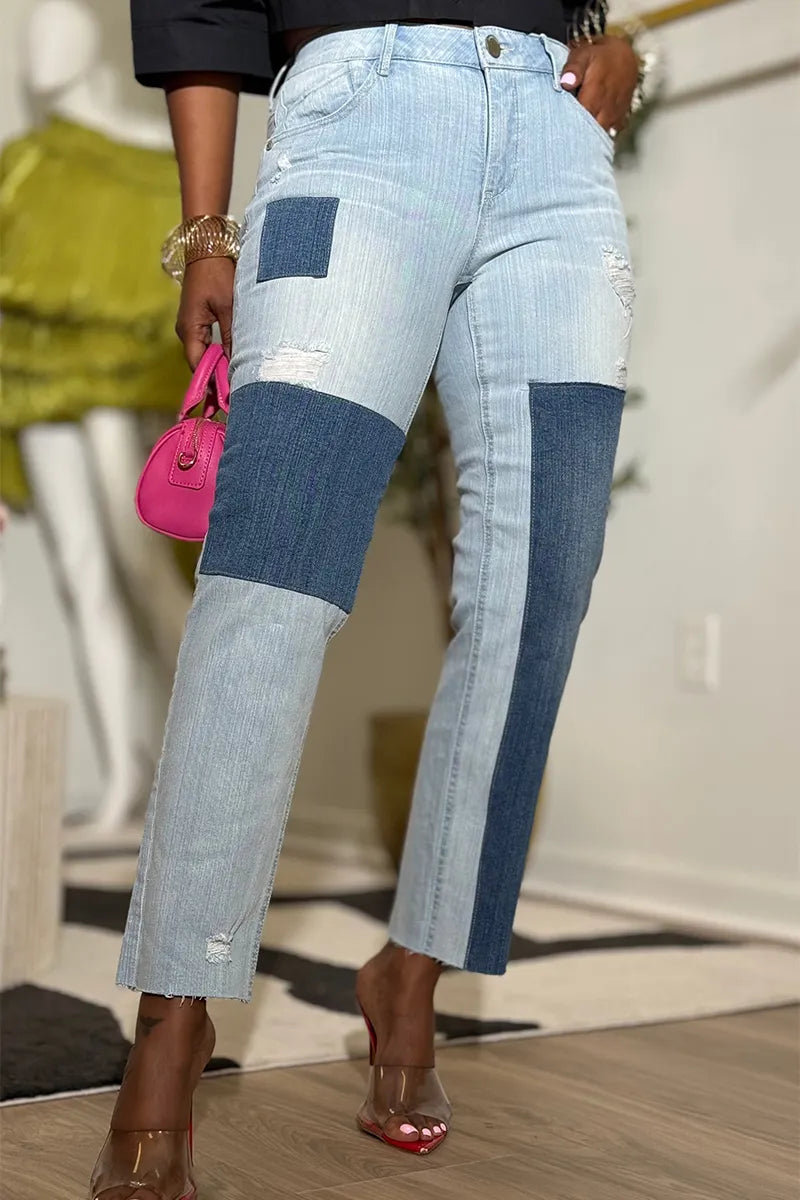 Women's Casual Denim Patch Straight-Leg Jeans