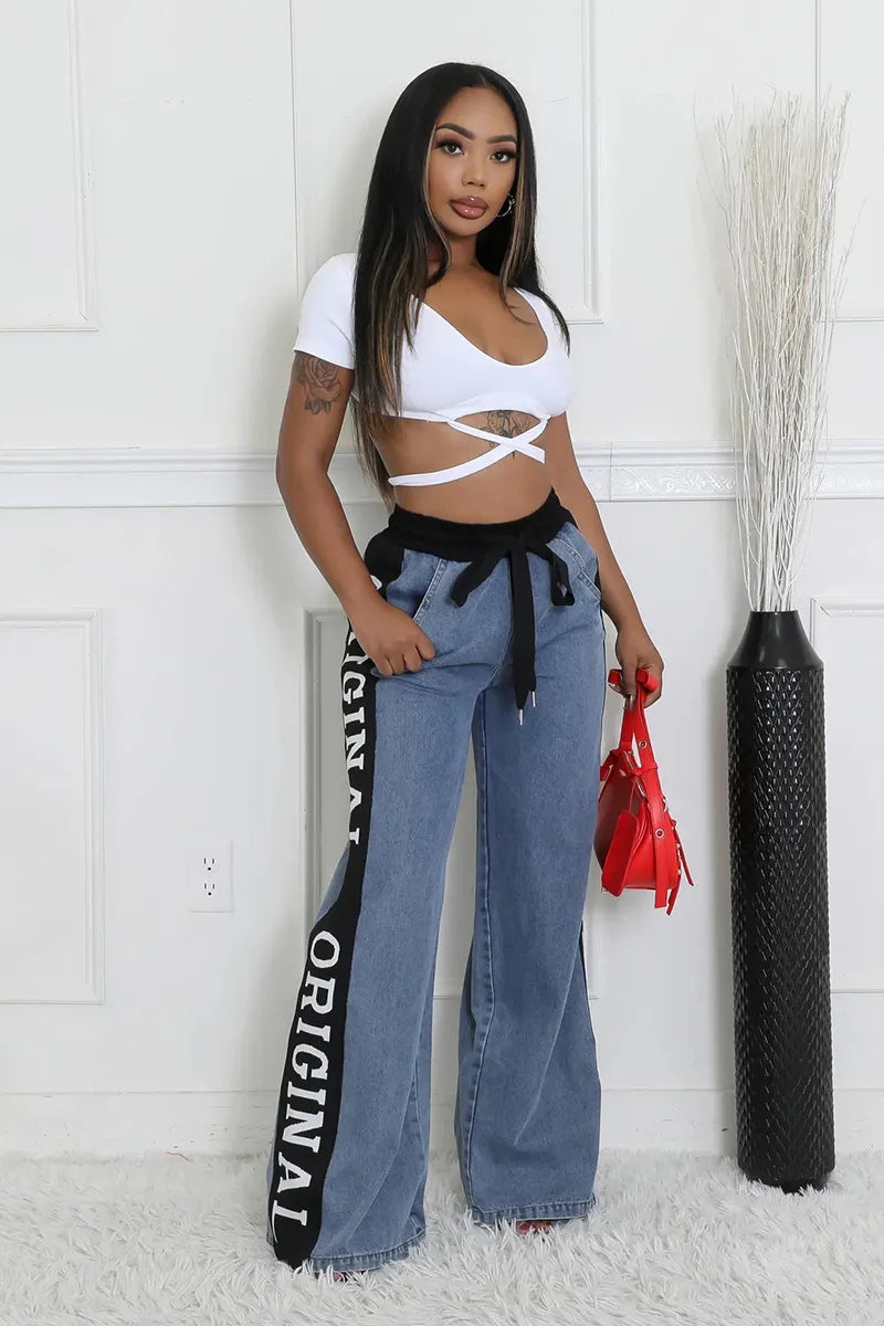 Women's Patchwork Webbing Wide-Leg Denim Jeans