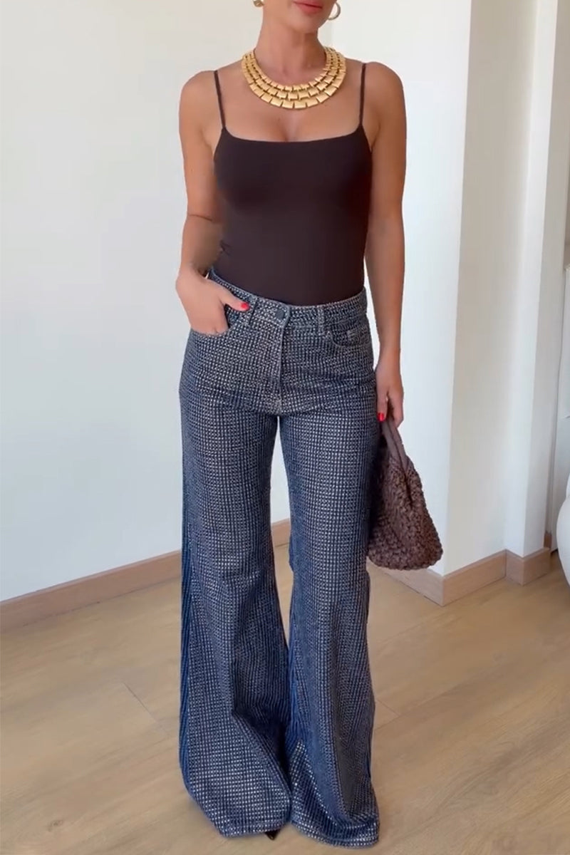 Women's Casual Shiny Rhinestone Wide Leg Jeans