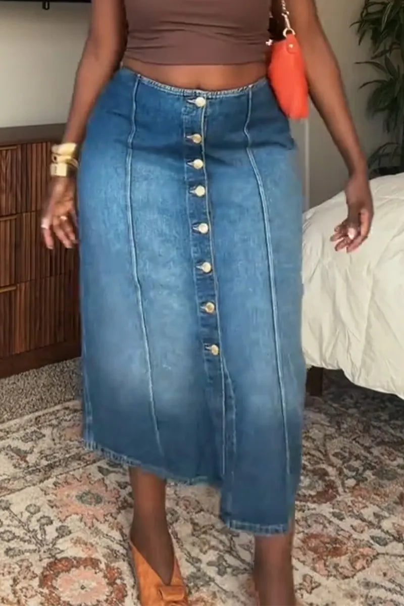 Women Button-down Washed Casual Denim Midi Skirt