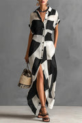 Women's Casual Black White Abstract Geometric Print Cap Sleeve Button Front Maxi Shirt Dress