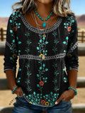Vintage Floral Print Casual Short Sleeves Denim Shirt