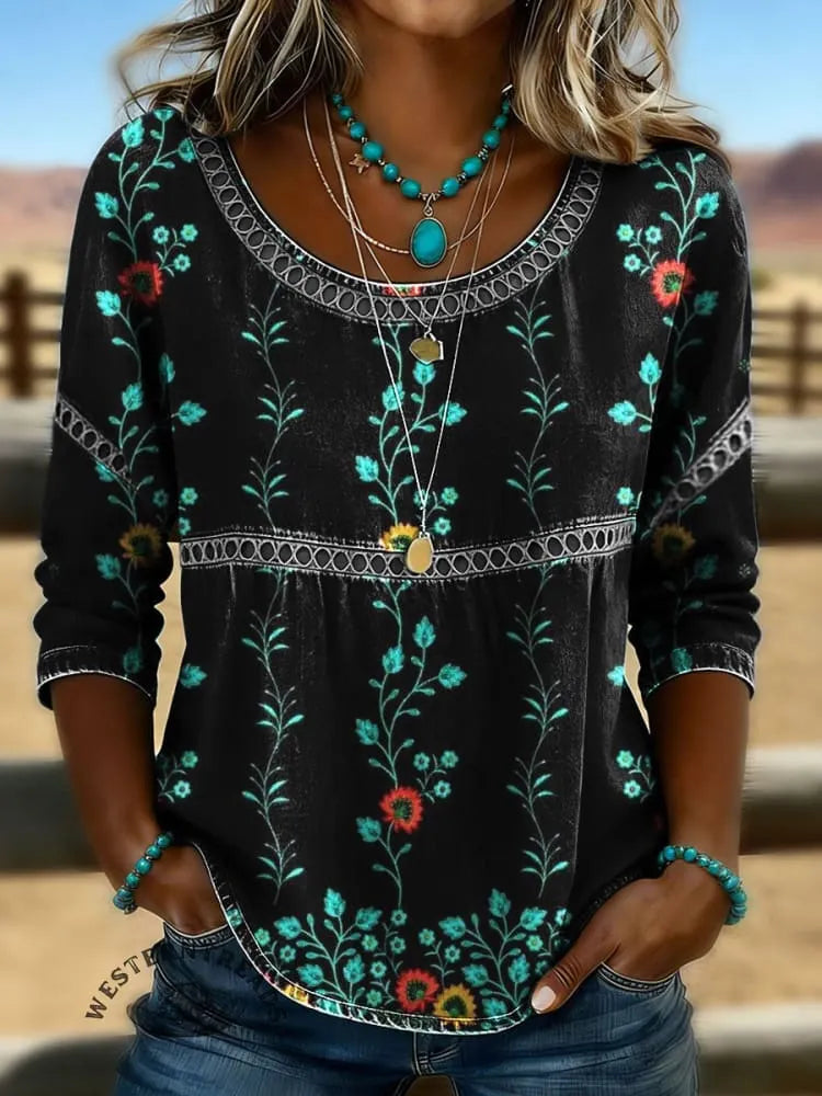 Vintage Floral Print Casual Short Sleeves Denim Shirt