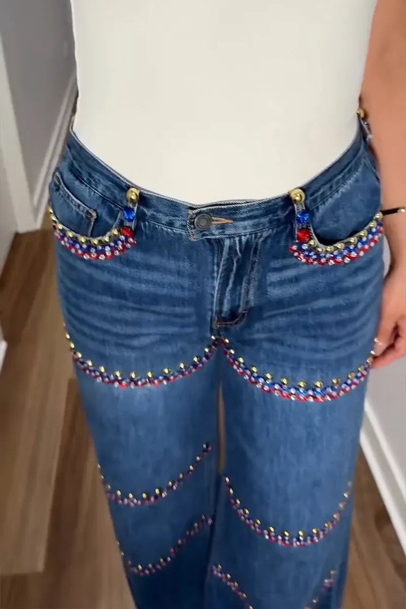 Women's Fashion Rhinestone-Beaded Wide Leg Jeans