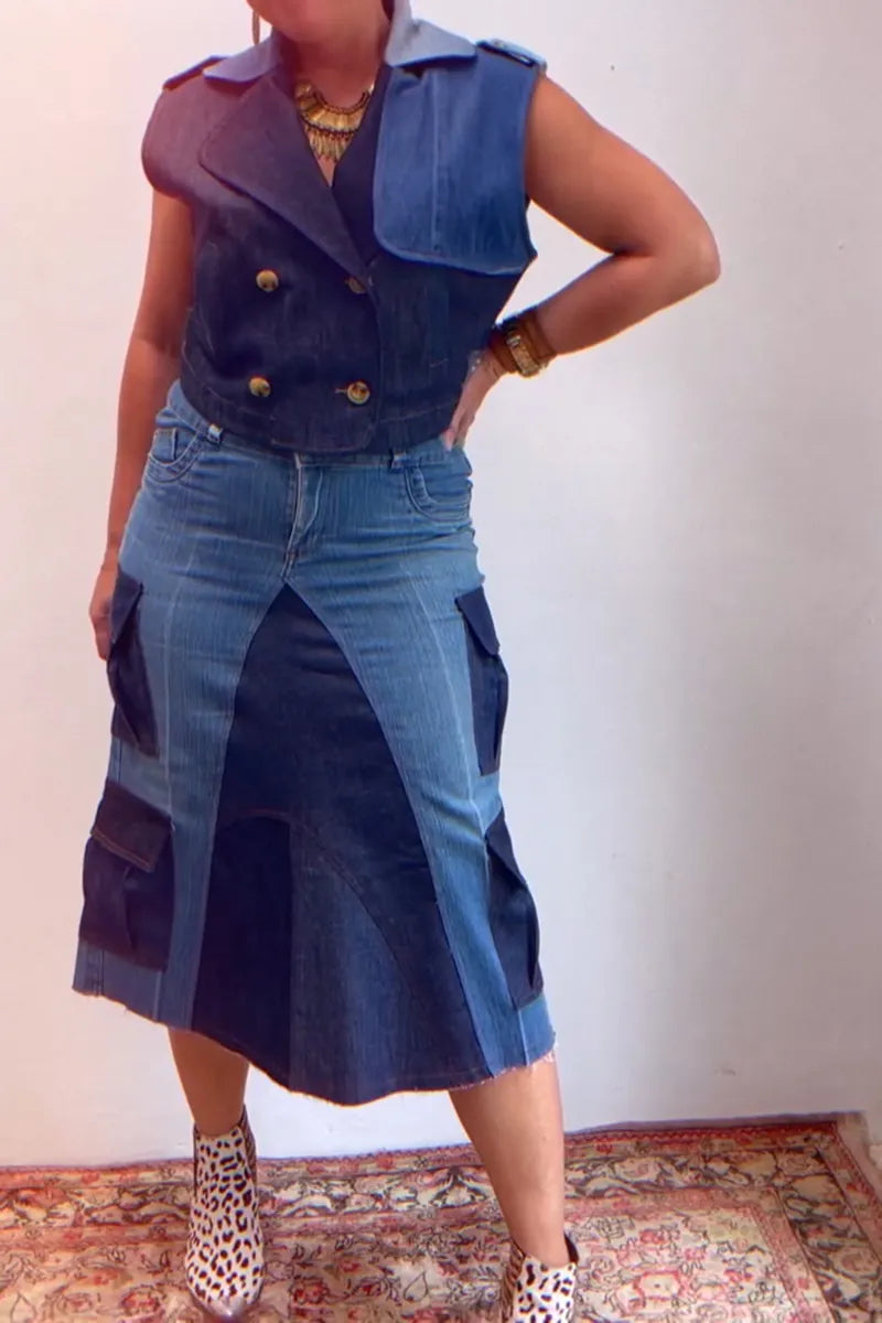 Women's Casual Color Block Cargo Pocket Denim Skirt