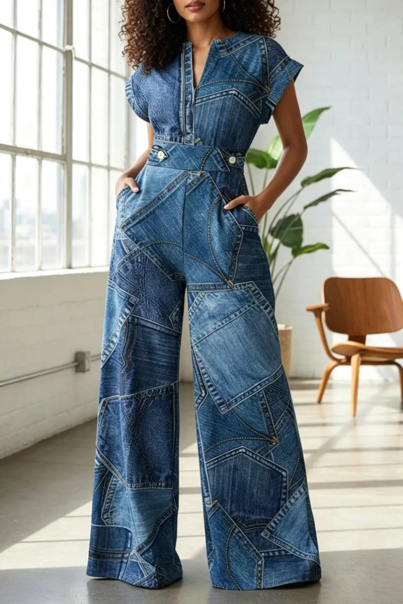 Women's V-neck Temperament Casual Faux Denim Print Jumpsuit