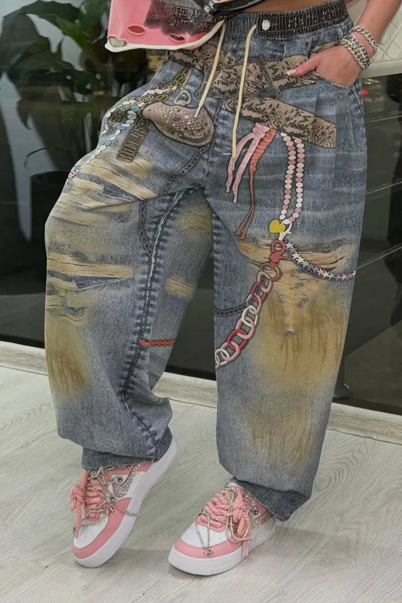 Women's Casual Chain Pattern Print Loose Jeans