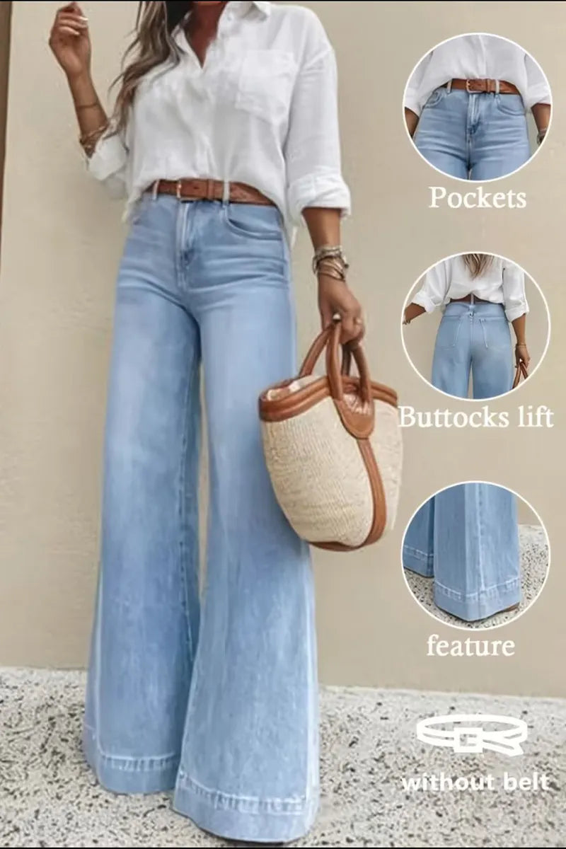 Women Light Blue Washed High Waist Butt Lifting Wide Leg Full Length Denim Jeans
