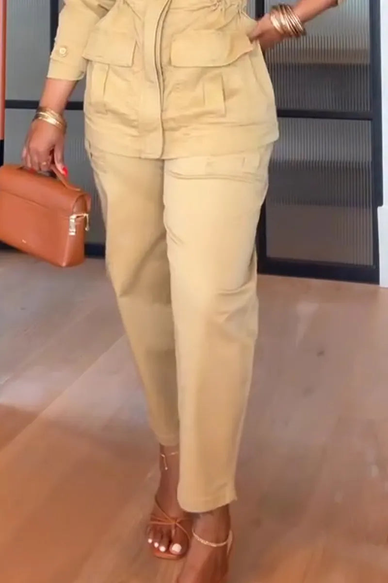 Women's Collar and Waist Cinched Casual Jacket Or Pants