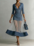Women's Elegant V-neck Mesh Splice Denim Dress