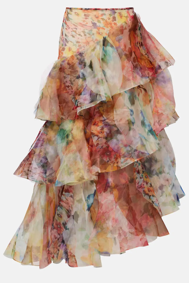 Women Watercolor Floral Print Organza Multi Layer Ruffle Asymmetrical Midi Skirt