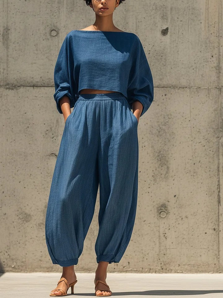 Blue Denim-Like Two-Piece Set: Boat Neck Crop Top & Balloon Pants