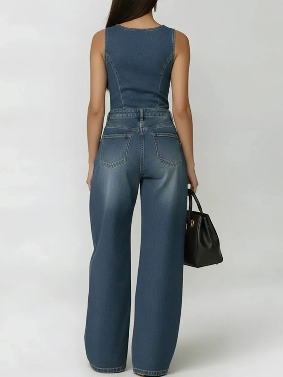 Geometric Hollow Pockets Solid Color Split-Joint High Waisted Loose Round-Neck Jumpsuits