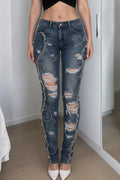 Women's Slim Fit Mid Rise Rhinestone Star Distressed Dark Blue Jeans