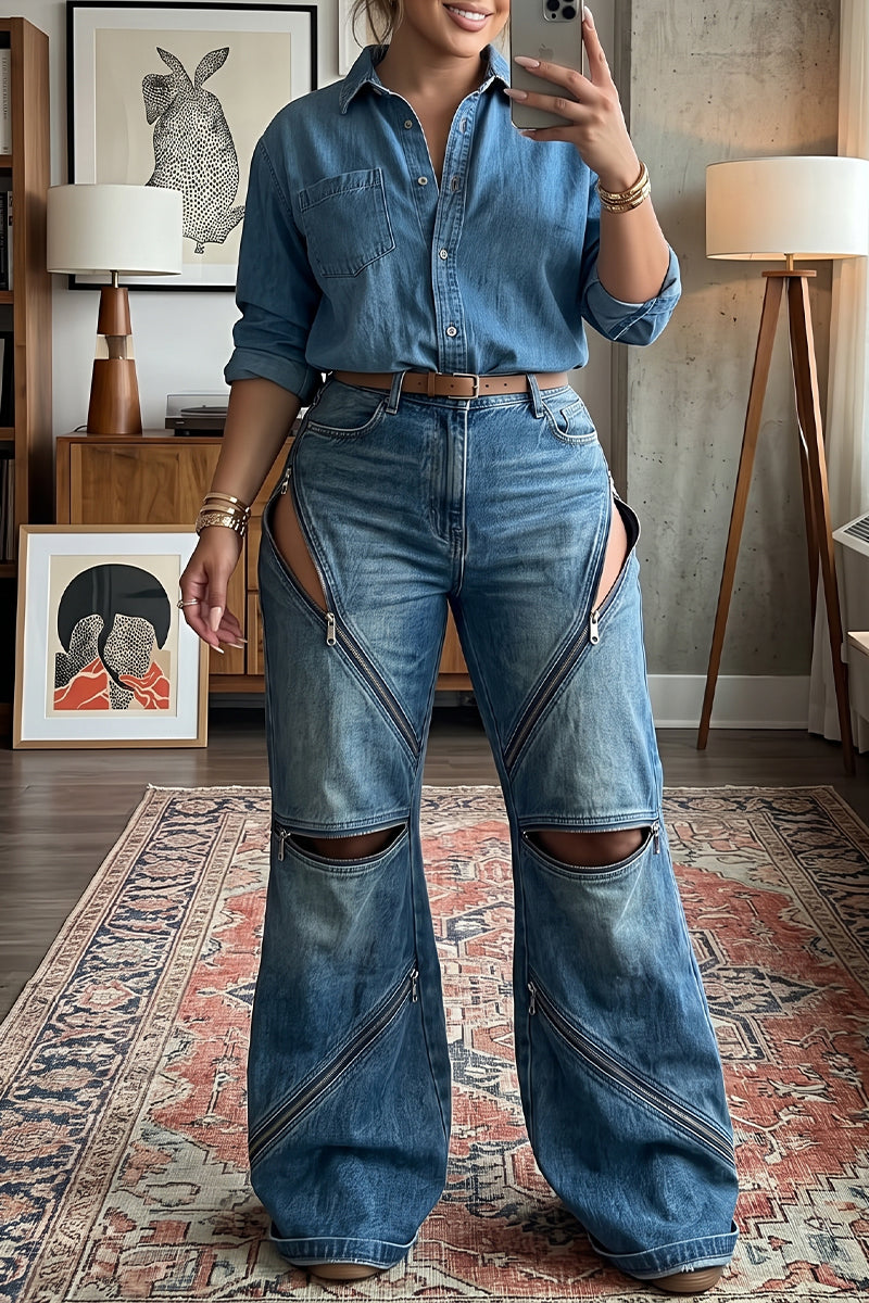 Women's Multi Zipper Cutout Wide Leg Jeans High Waist Convertible Slash Knee Baggy Denim Pants Streetwear Festival Outfit