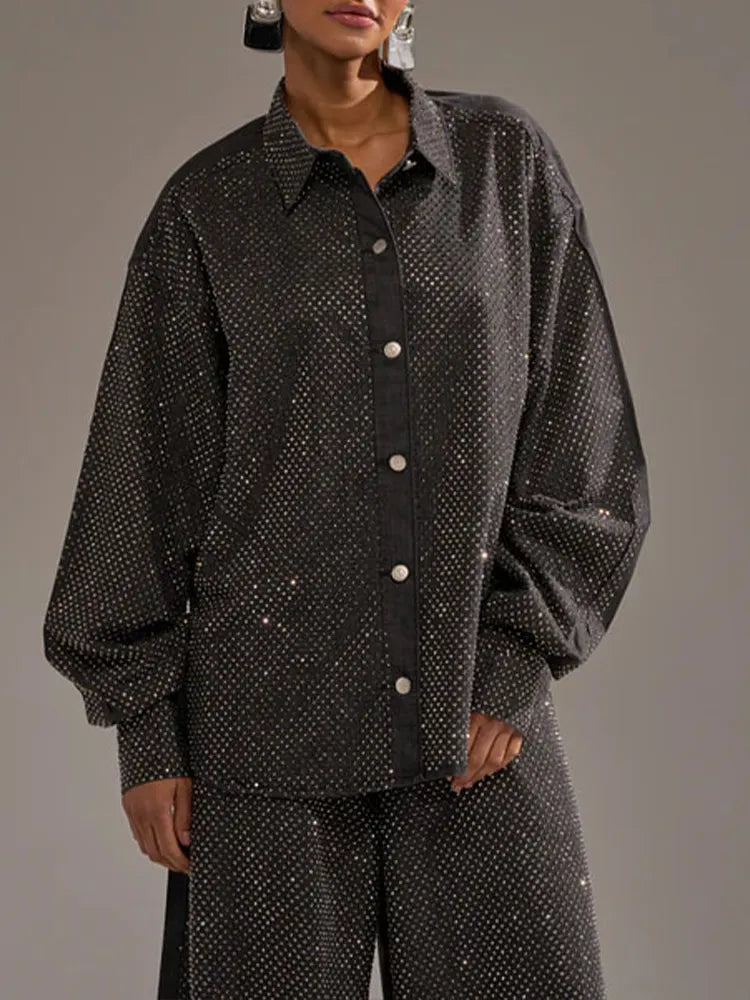 Women Collar Hot Stamping Diamond Temperament Casual Shirt