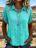 Vintage Art  Patchwork Denim Lace Textured Ruffles Shirt