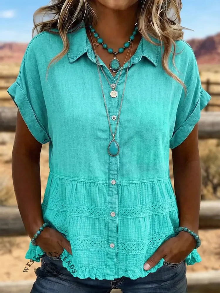 Vintage Art  Patchwork Denim Lace Textured Ruffles Shirt