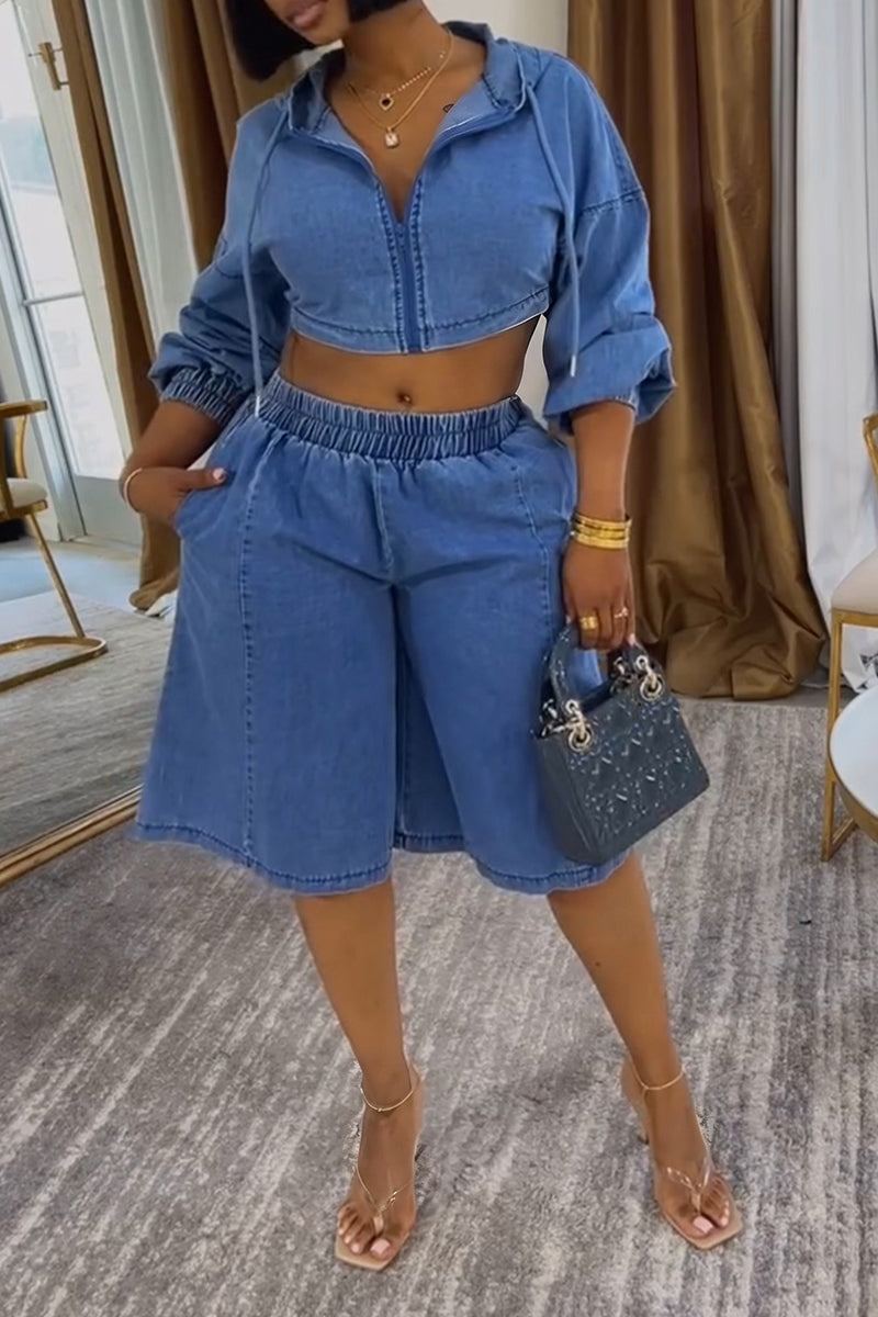 Women's Casual Denim Hooded Jacket or Short Jeans