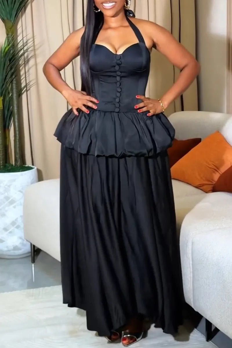 Women's Elegant Balloon Tiered Hem Tie Waist Cinching Maxi Dress