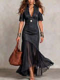 Stylish Ruffled V-neck Organza-paneled Denim Maxi Dress