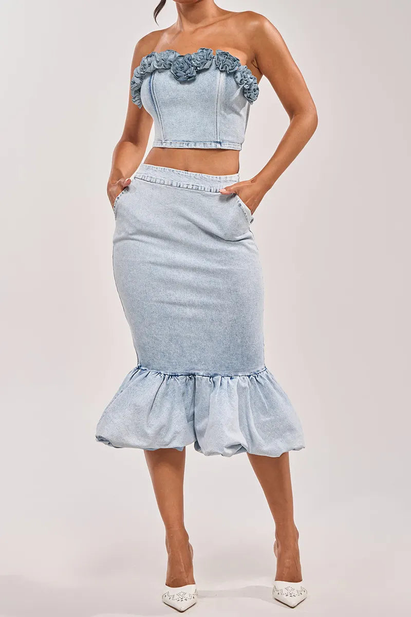 Women's Floral Strapless Cropped Denim Top Or Fitted Denim Mini Skirt With Ruffled Hem