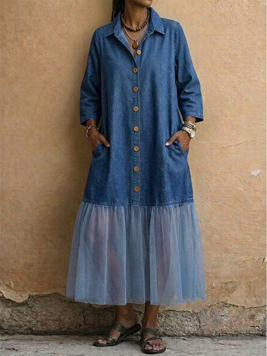 Women's Denim And Mesh-paneled Shirt Dress