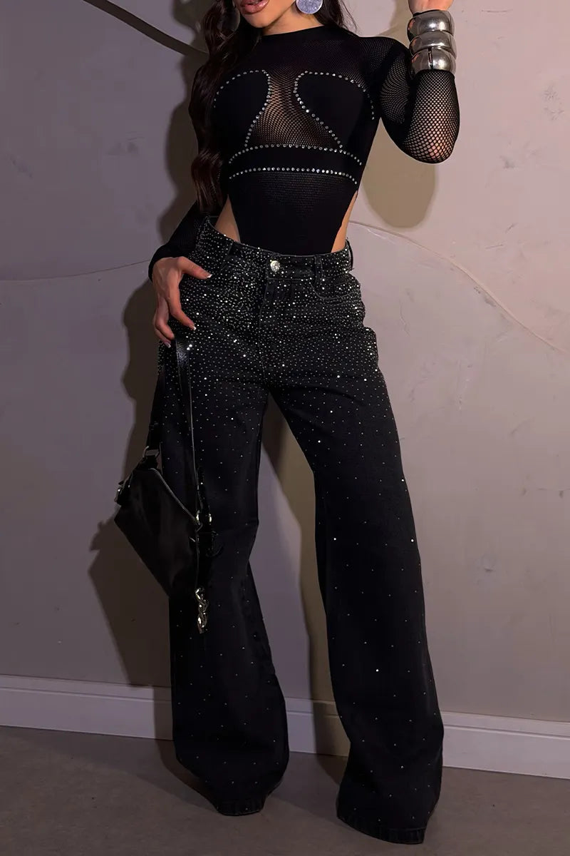 Women's Fashion Mesh Patchwork Rhinestone Bodysuit or Rhinestone Jeans